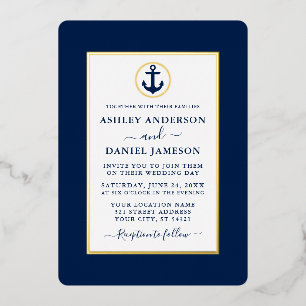 Elegante Navy Blue Nautical Anchor Wedding Gold Folieneinladung