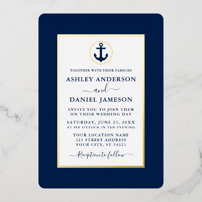 Elegante Navy Blue Nautical Anchor Wedding Gold Folieneinladung (Vorderseite)