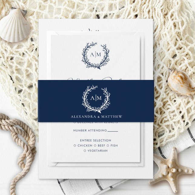 Elegante Navy Blue Nautical Coral Reef Hochzeit Einladungsbanderole (Von Creator hochgeladen)