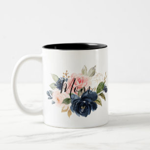 Elegante Navy Blue Pink Blush Floral Mama Zweifarbige Tasse
