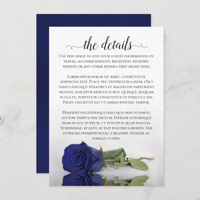 Elegante Navy Blue Reflating Rose Hochzeiten Detai Begleitkarte (Vorne/Hinten)