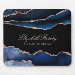 Elegante Navy Blue Rose Gold Agate Black Business Mousepad