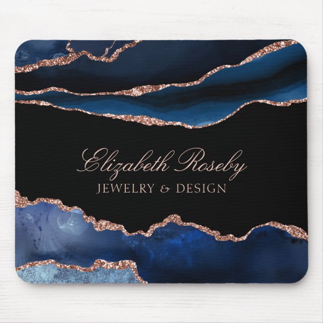 Elegante Navy Blue Rose Gold Agate Black Business Mousepad (Vorne)