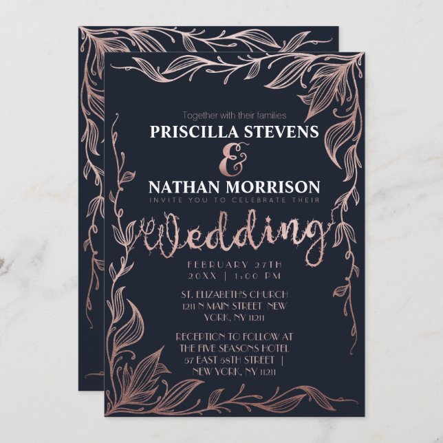 Elegante Navy Blue Rose Gold Blumenstrauß Einladung (Vorne/Hinten)