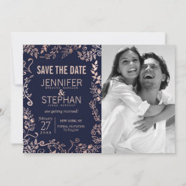 Elegante Navy Blue Rose Gold Floral Save the Dates Date