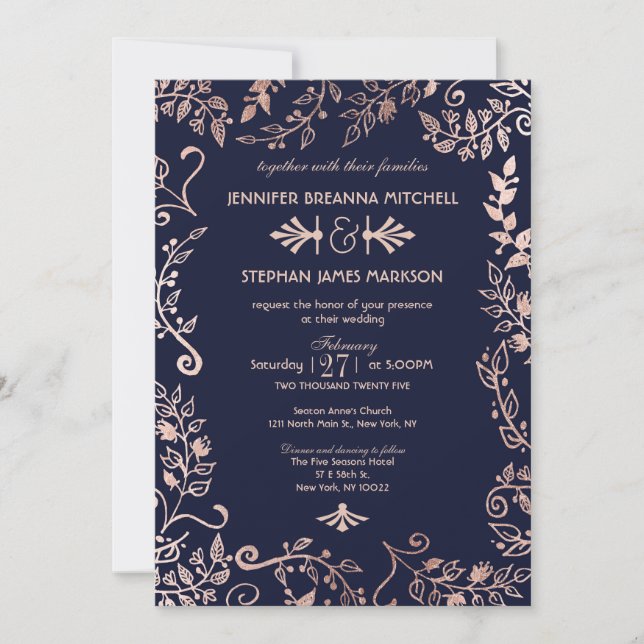 Elegante Navy Blue Rose Gold Floral Wedding Einlad Einladung (Vorderseite)