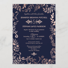 Elegante Navy Blue Rose Gold Floral Wedding Einlad Einladung