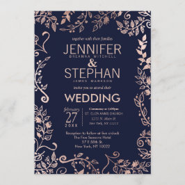Elegante Navy Blue Rose Gold Floral Wedding Einladung