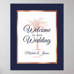 Elegante Navy Blue Rose Gold Palm Wedding Willkomm Poster