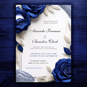 Elegante Navy Blue Rose & Silver Glitzer Hochzeit Einladung
