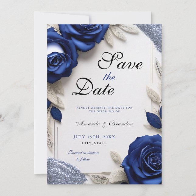 Elegante Navy Blue Rose & Silver Glitzer Hochzeit Save The Date (Vorderseite)