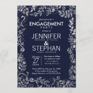 Elegante Navy Blue Silver Floral Glitzer Verlobung Einladung