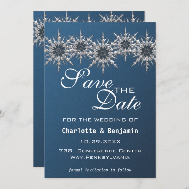 Elegante Navy Blue Silver Snowflake Save the Date (Vorne/Hinten)
