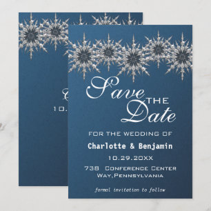 Elegante Navy Blue Silver Snowflake Save the Date