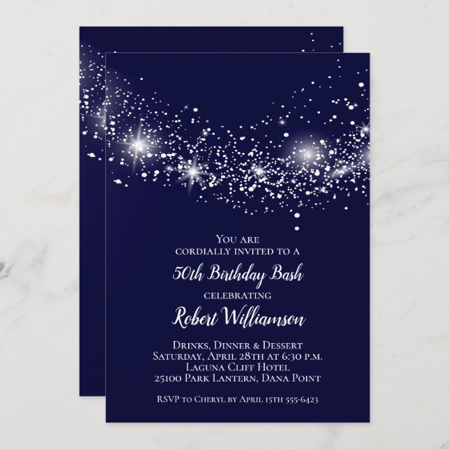 Elegante Navy Blue Sky und Stars Birthday Einladung (Vorne/Hinten)