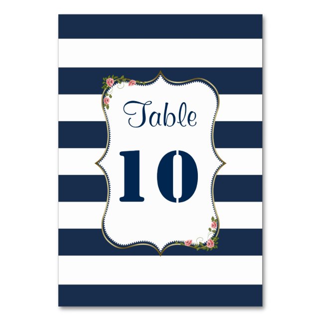 Elegante Navy Blue Stripes Hochzeiten Tischnummern (Vorderseite)