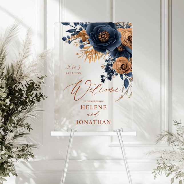 Elegante Navy Blue Terracotta Hochzeit Willkommen Acrylschild (Elegant Navy Blue Terracotta Wedding Welcome Acrylic Sign)