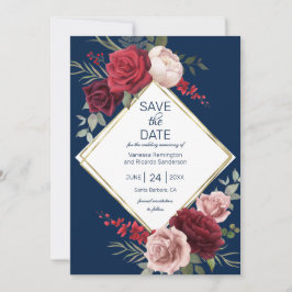 Elegante Navy Blue und Burgund Floral Wasserfarbe Save The Date