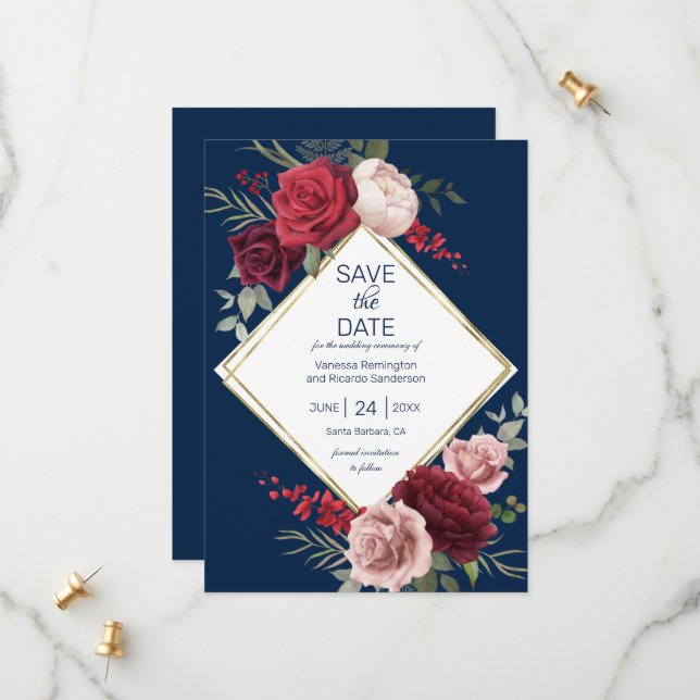 Elegante Navy Blue und Burgund Floral Wasserfarbe Save The Date (Vorderseite/Rückseite Beispiel)