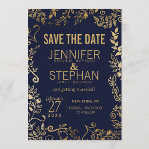Elegante Navy Blue und Gold Floral Save the Dates Einladung