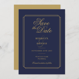 Elegante Navy Blue und Gold Script Art Deco Hochze Save The Date