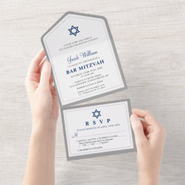 Elegante Navy Blue und Gray Bar Mitzvah All in One Einladung