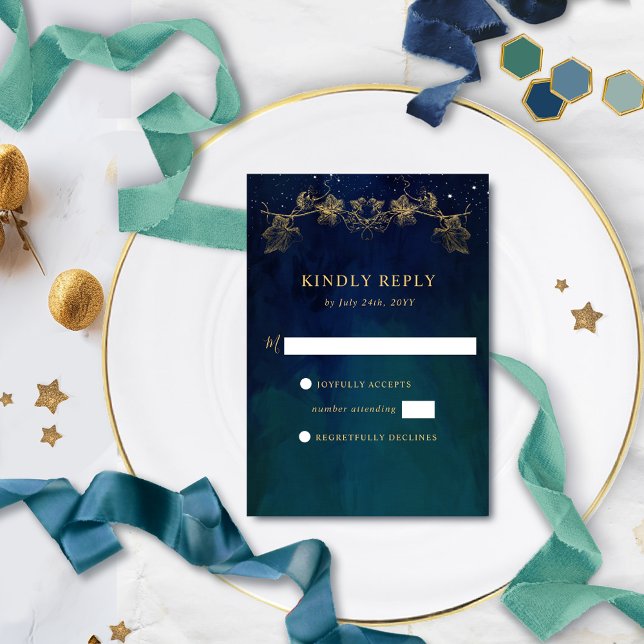 Elegante Navy, Blue und Green Celestial Gilded UAW RSVP Karte (Von Creator hochgeladen)