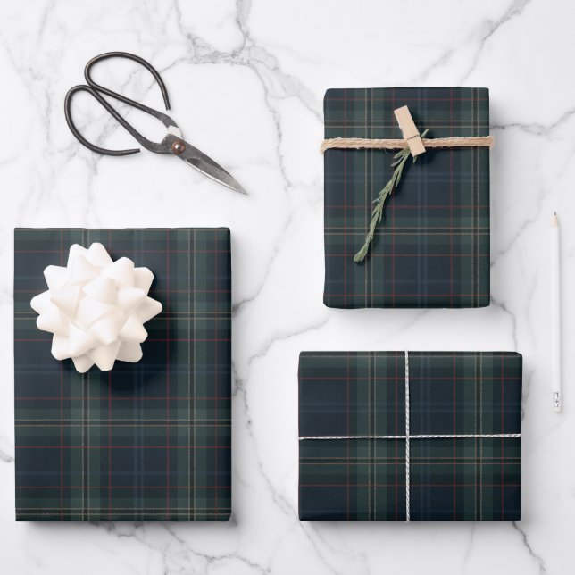 Elegante Navy Blue und Green Karierte Weihnachten Geschenkpapier Set (Vorderseite)