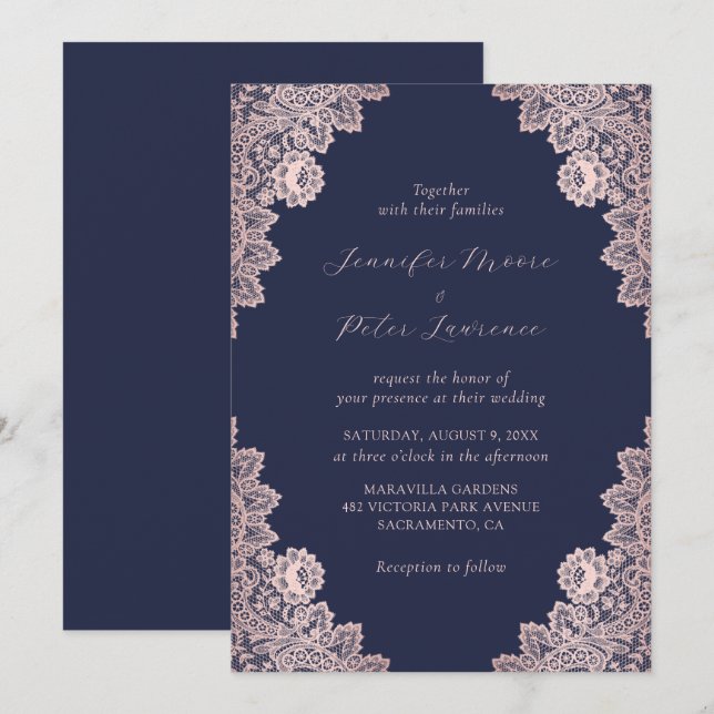 Elegante Navy Blue und Rose Gold Hochzeit Einladun Einladung (Vorne/Hinten)