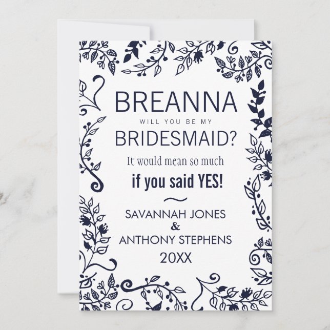Elegante Navy Blue und White Floral Bridesmaiers Einladung (Vorderseite)