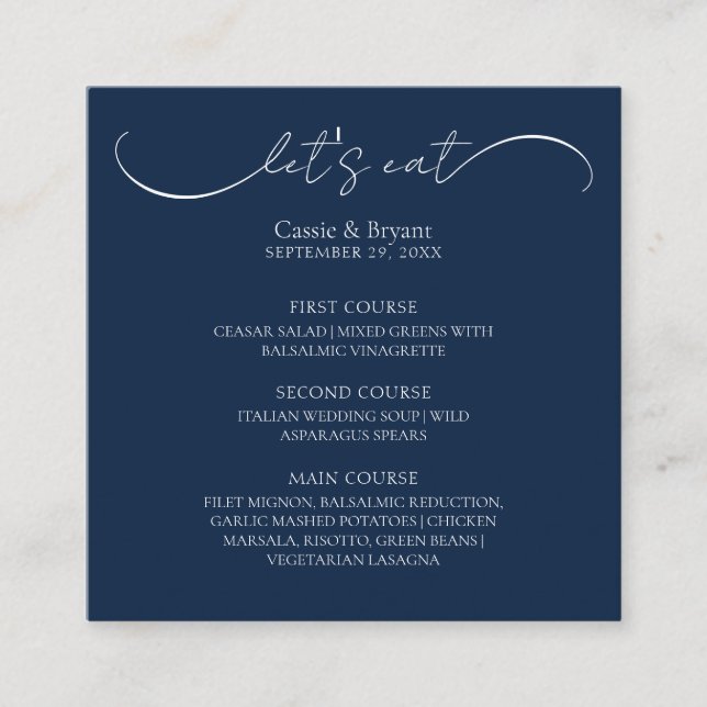 Elegante Navy Blue Wedding Menu Enclosure Card Begleitkarte (Vorderseite)