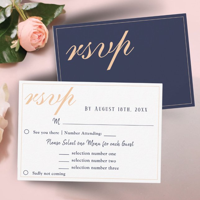 Elegante Navy Blue Wedding Menu RSVP Karte (Von Creator hochgeladen)