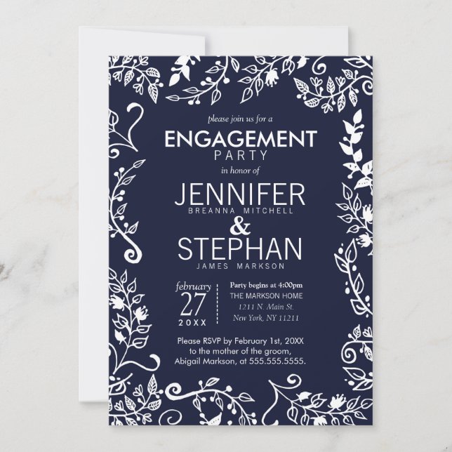 Elegante Navy Blue White Floral Engagement Party Einladung (Vorderseite)