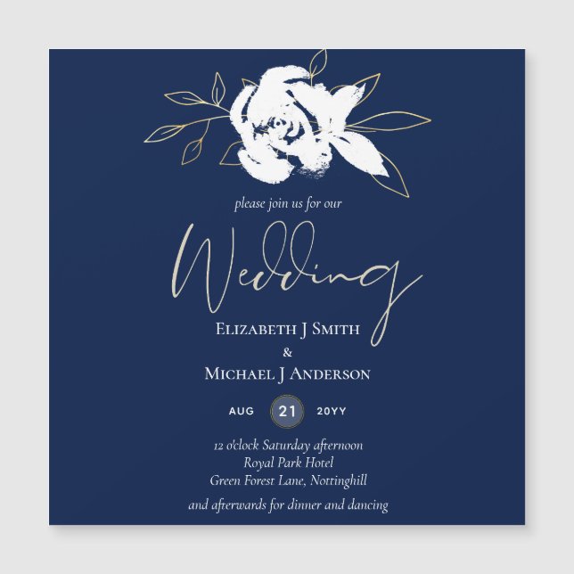 Elegante Navy Blue White Gold Hochzeit Magnetkarte (Vorderseite)