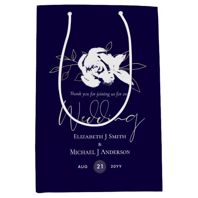 Elegante Navy Blue White Gold Hochzeit Mittlere Geschenktüte (Vorderseite)