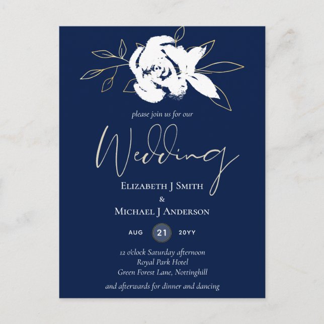 Elegante Navy Blue White Gold Hochzeit Postkarte (Vorderseite)
