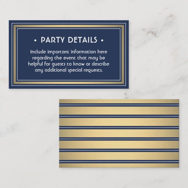 Elegante Navy Blue, White & Gold Imitate - Details Begleitkarte (Vorne/Hinten)