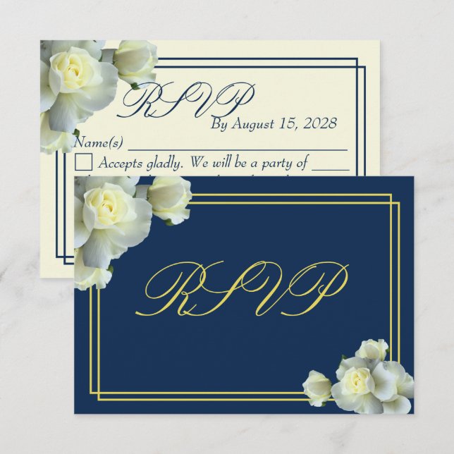 Elegante Navy Blue White Roses Minimal RSVP Karte (Vorne/Hinten)