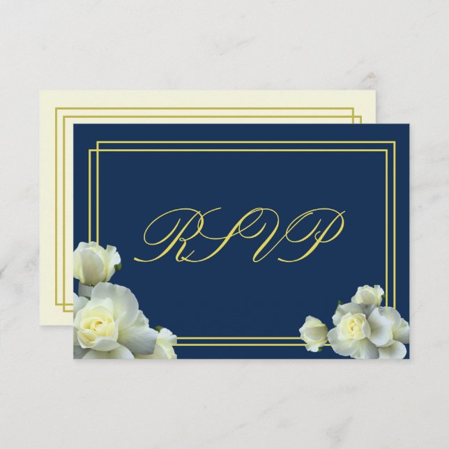 Elegante Navy Blue White Roses Minimal RSVP Karte (Vorne/Hinten)