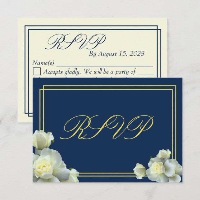 Elegante Navy Blue White Roses Minimal RSVP Karte (Vorne/Hinten)