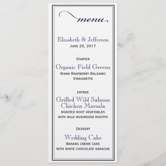 Elegante Navy Blue & White Script Wedding Menu Car Menükarte (Vorderseite)