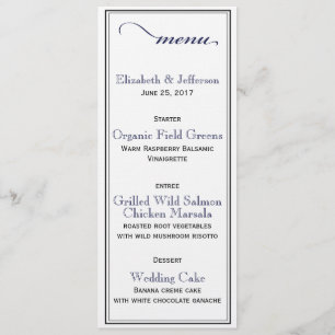 Elegante Navy Blue & White Script Wedding Menu Car Menükarte