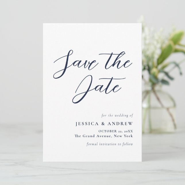 Elegante Navy Blue & White Simple Wedding Save The Date (Stehend Vorderseite)
