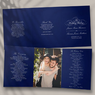 Elegante Navy Blue & White Wedding Dreifach-gefaltete Programmkarte