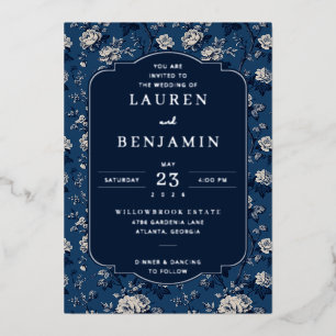Elegante Navy Blumen-Hochzeitseinladung Folieneinladung