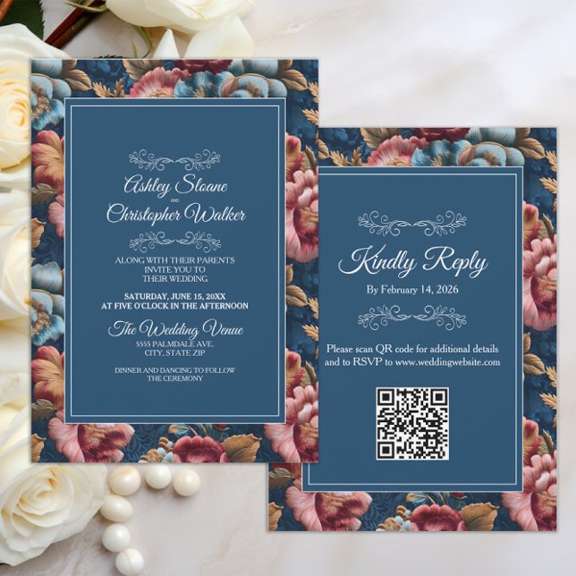 Elegante Navy-Blumen-Teal-RSVP-QR-Code-Hochzeit Einladung (Teal peach floral velvet wedding invitation/rsvp combo with QR code)