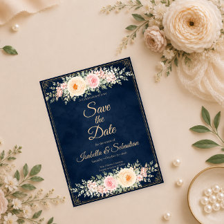 Elegante Navy-Blumenhochzeit Save The Date