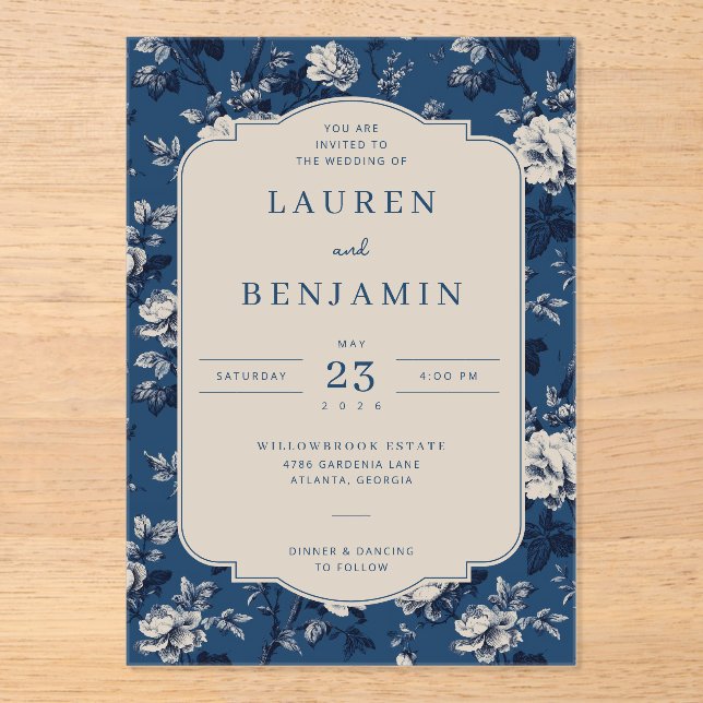 Elegante Navy Blumenmuster Acryleinladungen (Vorderseite)