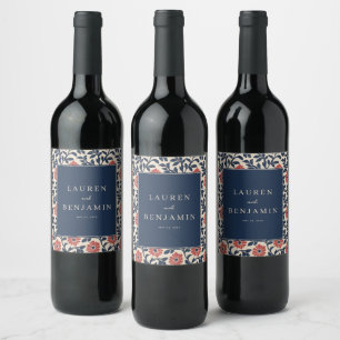 Elegante Navy Blumenmuster Weinetikett