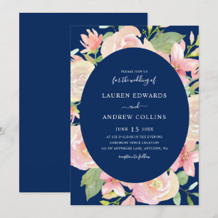 Elegante Navy Blush Bloral Frame Wedding Einladung